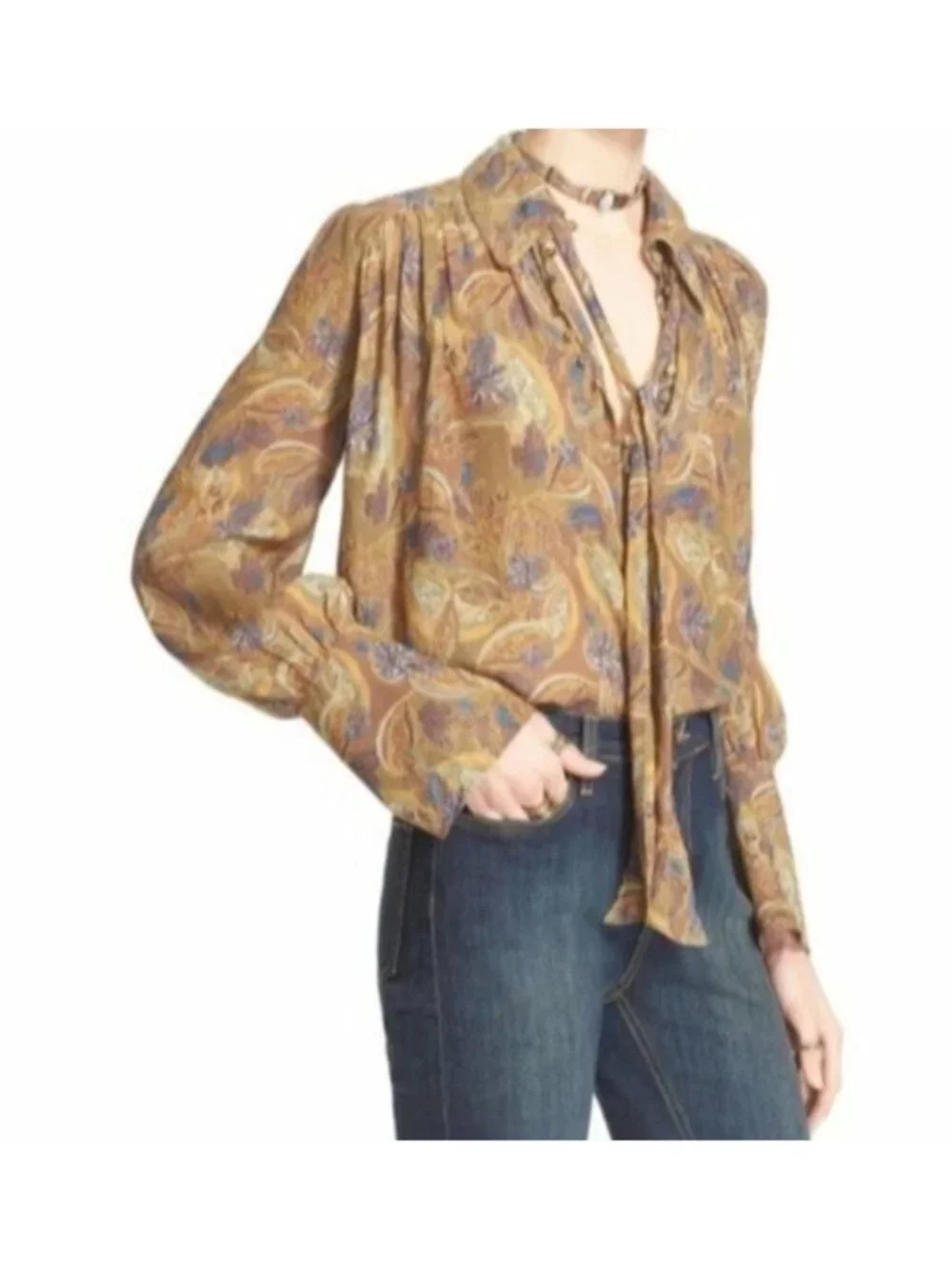 Free People Paisley Pleated Top Women Small Green Collared Tie Long Sleeve Flowy - Picture 2 of 16